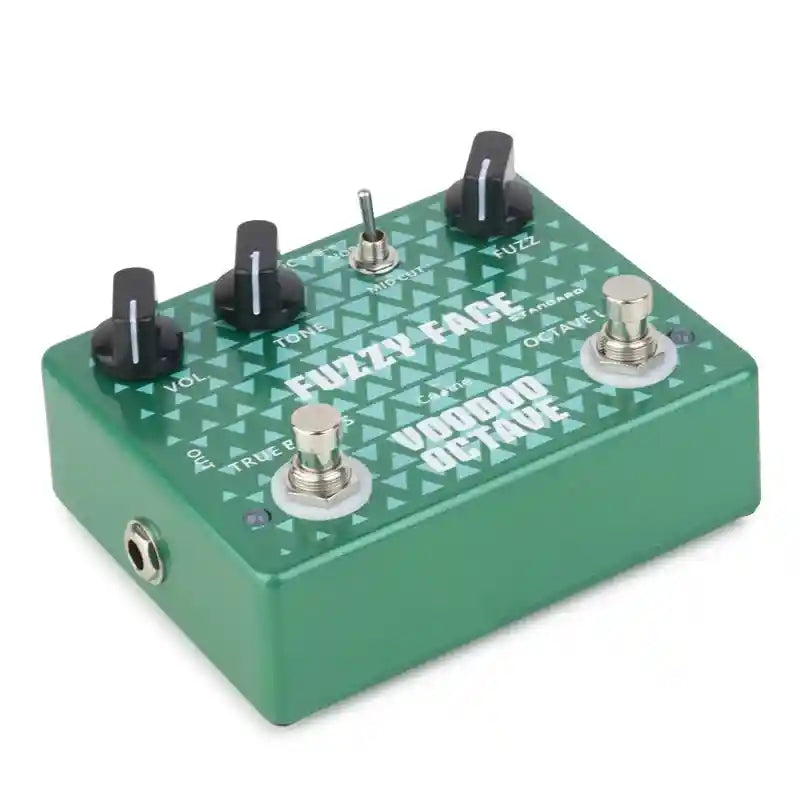 Caline CP-53 Fuzzy Face Voodoo Octave guitar pedal in green with control knobs for volume, tone, fuzz, and octave. Compact design for versatile fuzz and octave tones.
