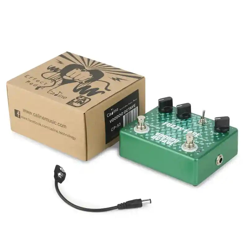 Caline CP-53 Fuzzy Face Voodoo Octave guitar pedal in green with control knobs and footswitches, shown with packaging and power cable. Ideal for fuzz and octave effects in rock and blues genres.