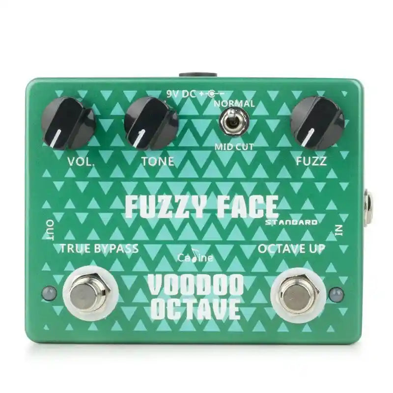 Caline CP-53 Fuzzy Face Voodoo Octave guitar pedal with green triangular design, offering fuzz and octave effects for versatile sound.