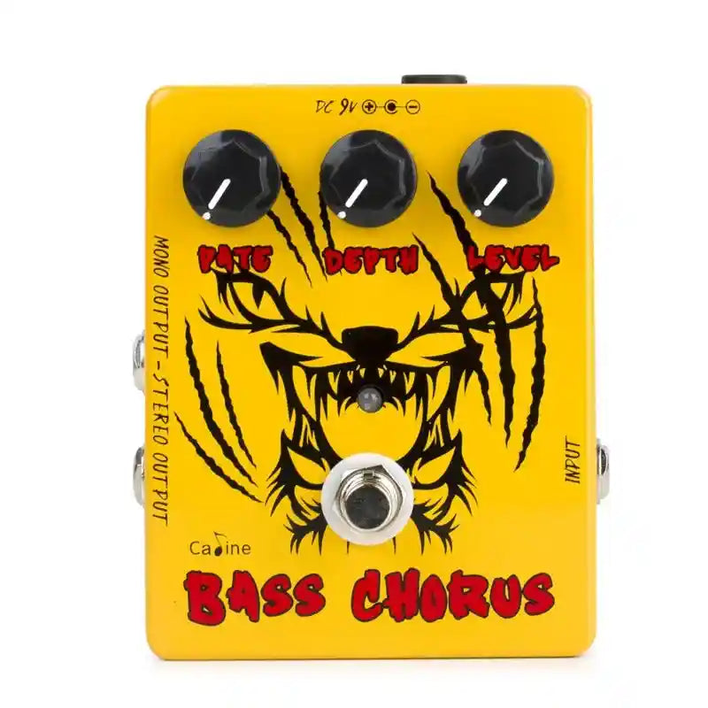 Caline CP-83 The Pumpkin Carver Bass Chorus pedal in yellow with black and red graphics, featuring Rate, Depth, and Level controls for sound customization.