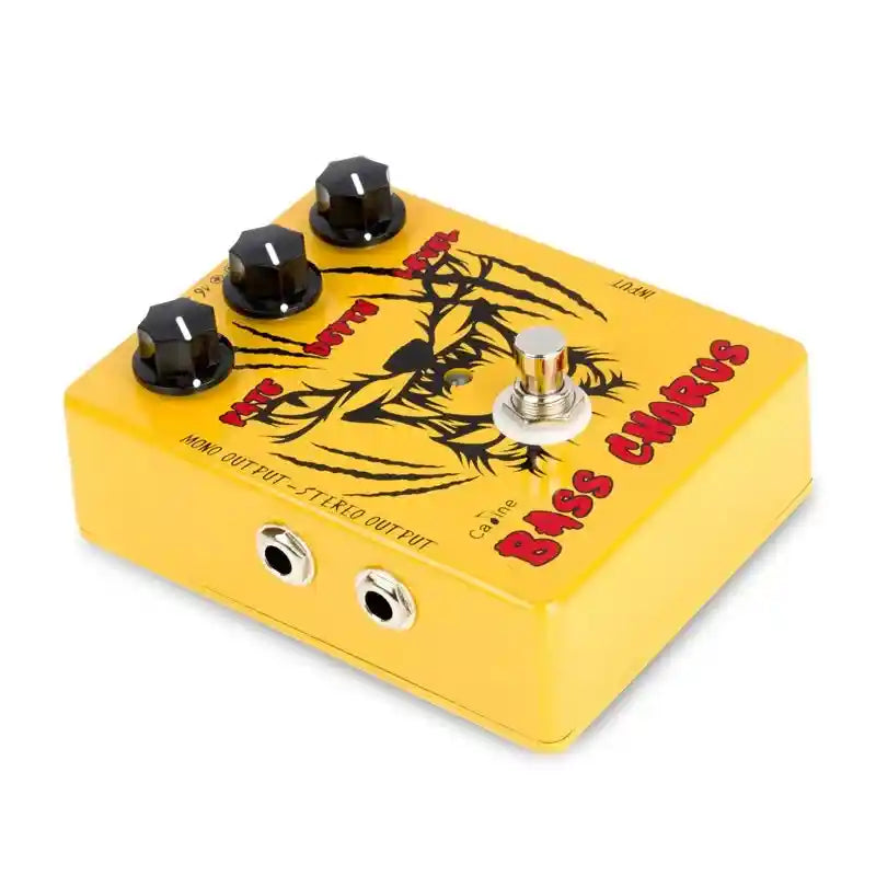 Caline CP-83 The Pumpkin Carver Bass Chorus pedal in yellow with black and red graphics, featuring Rate, Depth, and Level controls for sound customization.