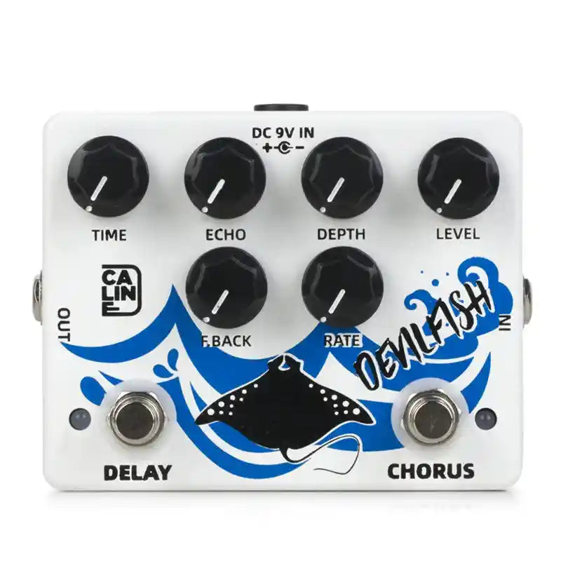 Caline DCP-03 DEVILFISH Chorus Delay pedal featuring dual delay and chorus effects with adjustable knobs for time, echo, depth, and level. Compact design with a stingray graphic and labeled controls for easy use.