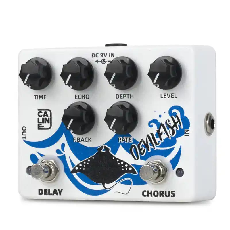 Caline DCP-03 DEVILFISH Chorus Delay pedal featuring dual delay and chorus effects with adjustable knobs for time, echo, depth, and level. Compact design with a stingray graphic and labeled controls for easy use.