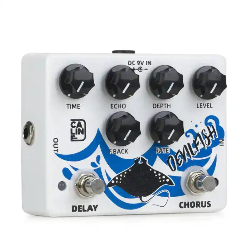 Caline DCP-03 DEVILFISH Chorus Delay pedal featuring dual delay and chorus effects with adjustable knobs for time, echo, depth, and level. Compact design with a stingray graphic and labeled controls for easy use.
