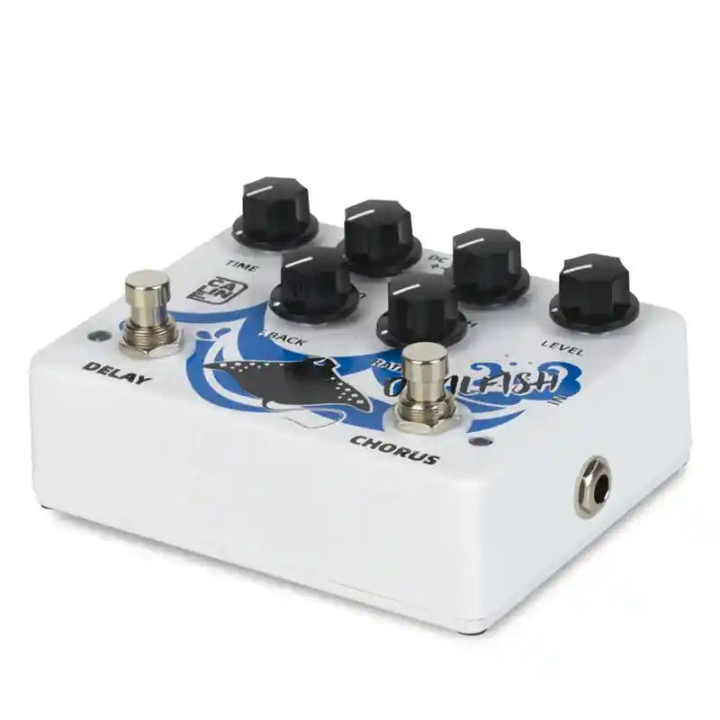 Caline DCP-03 DEVILFISH Chorus Delay pedal featuring dual delay and chorus effects with adjustable knobs for time, echo, depth, and level. Compact design with a stingray graphic and labeled controls for easy use.