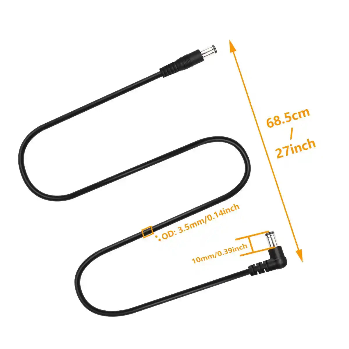DC power cable for guitar pedals connected to a power supply and a green effects pedal. Features 5.5 x 2.1mm connectors and durable 24AWG copper wire.
