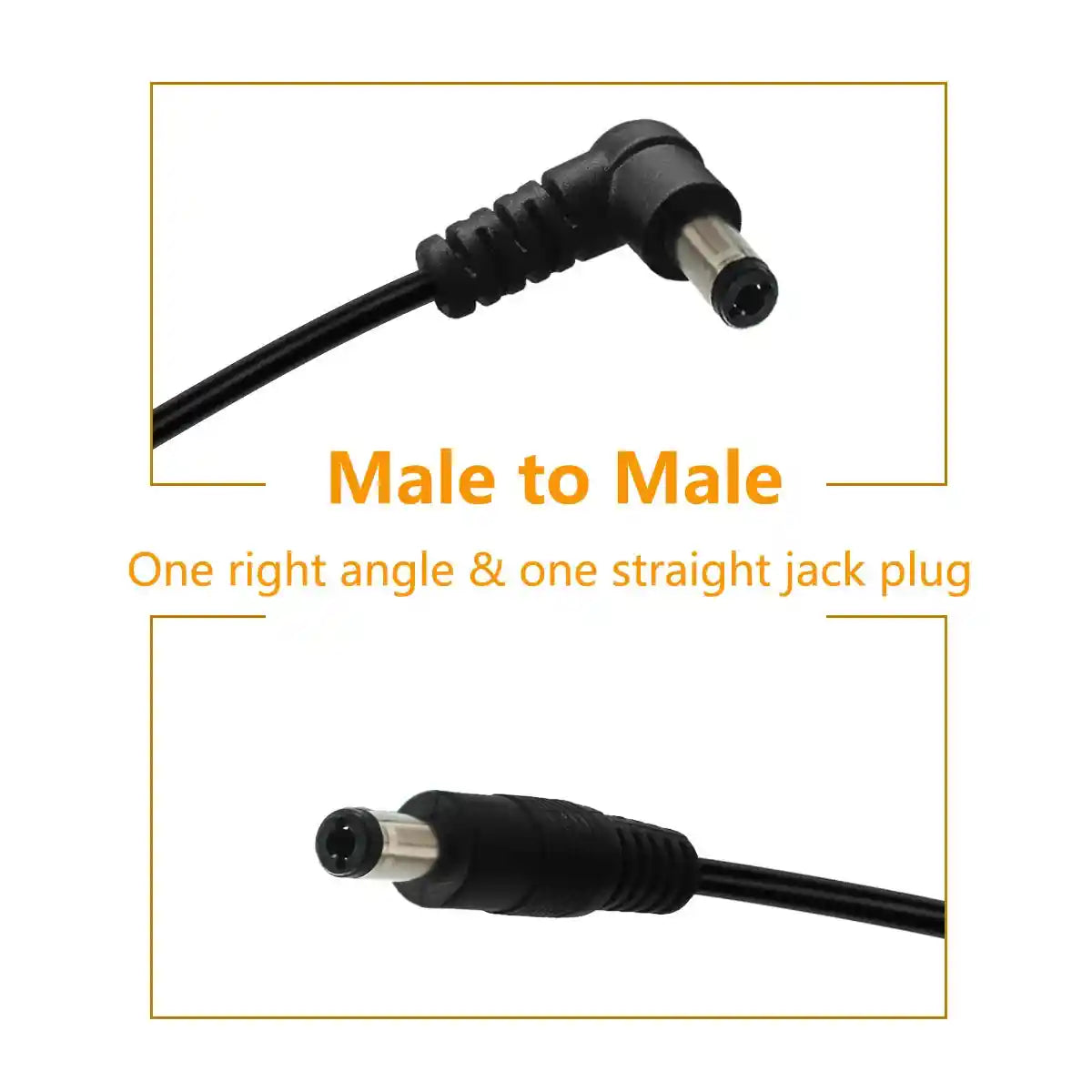 DC power cable for guitar pedals connected to a power supply and a green effects pedal. Features 5.5 x 2.1mm connectors and durable 24AWG copper wire.