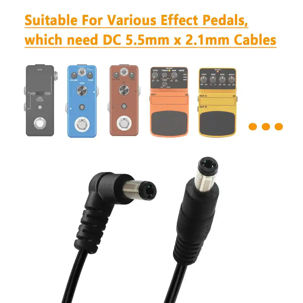DC power cable for guitar pedals connected to a power supply and a green effects pedal. Features 5.5 x 2.1mm connectors and durable 24AWG copper wire.