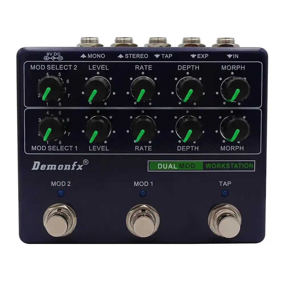 Demonfx Dual MOD WORKSTATION guitar effect pedal featuring two modulation models, adjustable knobs for level, rate, depth, and morph, with mono, stereo, tap, and expression inputs.