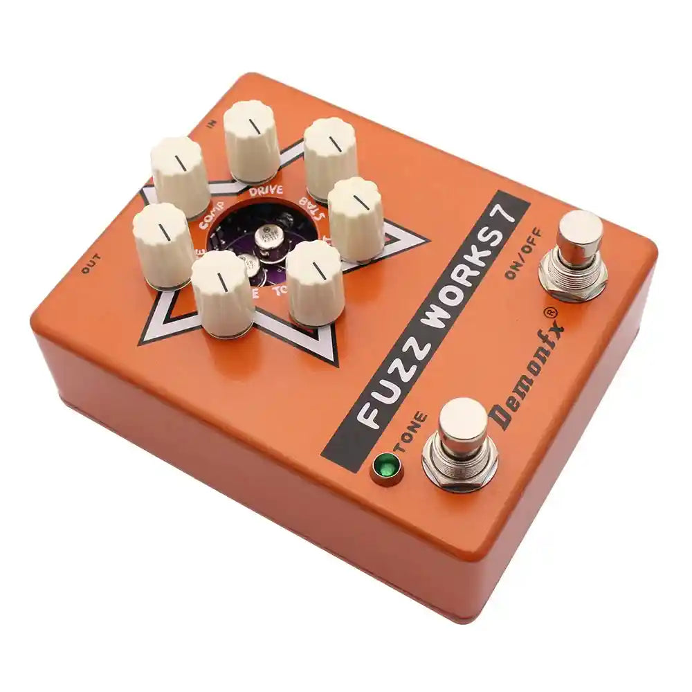 Demonfx Fuzz Works 7 vintage fuzz pedal in orange with tone, volume, and transistor controls for custom guitar and bass sounds.