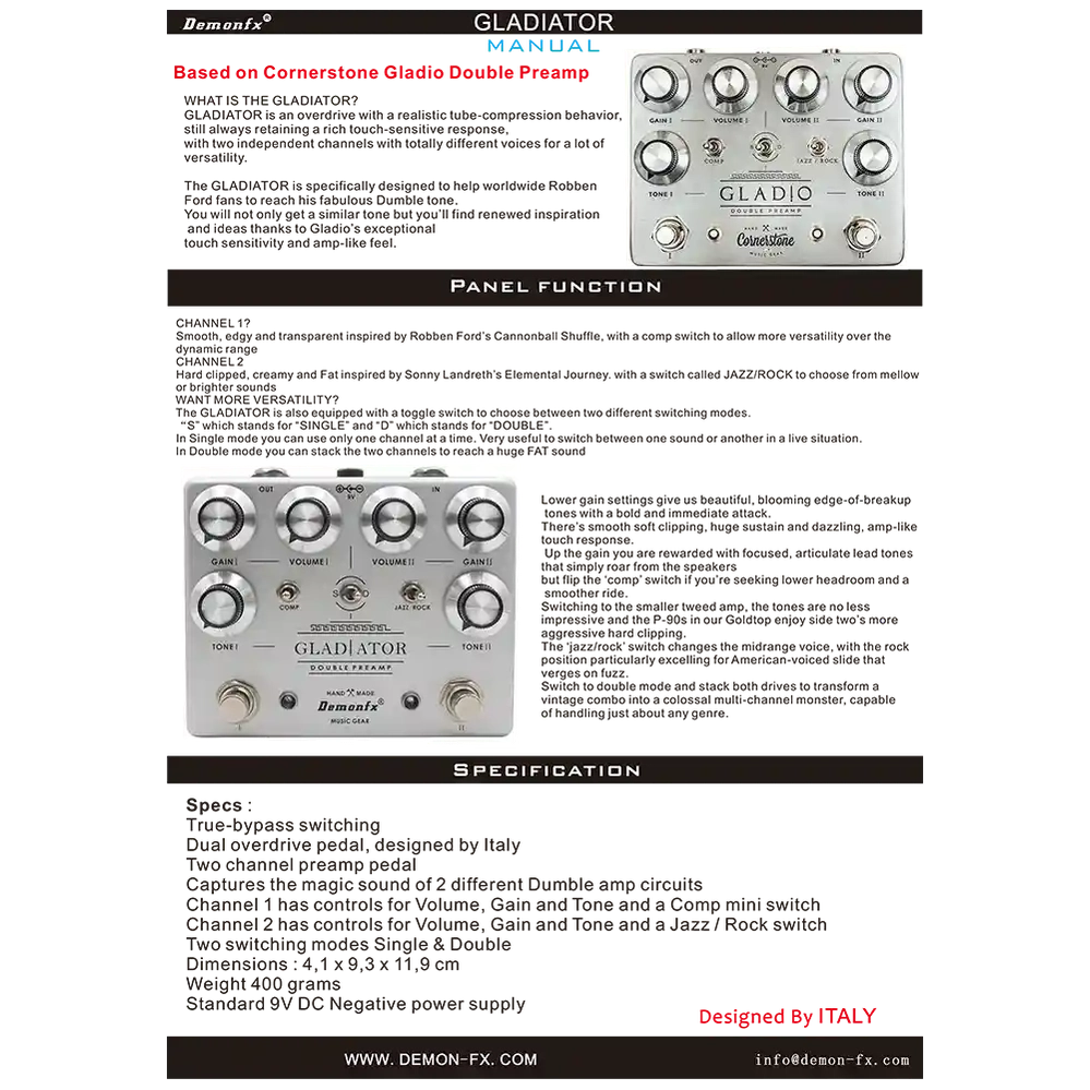 Demonfx GLADIATOR Dual Preamp Overdrive and Distortion - StompBox Store 