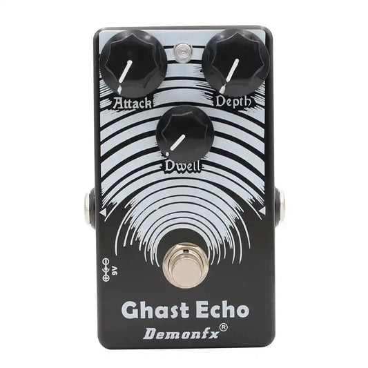 Demonfx Ghast Echo pedal featuring three adjustable knobs labeled Attack, Depth, and Dwell, designed for reverb and echo effects. Compact black design with wave graphics, ideal for guitarists seeking versatile ambiance.