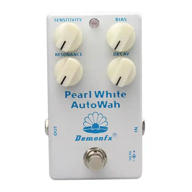 Demonfx Pearl White Auto Wah guitar effects pedal with sensitivity, resonance, bias, and decay controls. Features true bypass and 9V DC input for dynamic envelope filter tones.