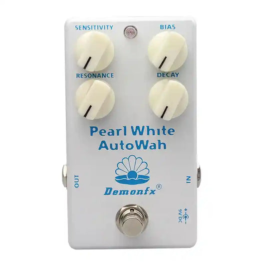 Demonfx Pearl White Auto Wah guitar effects pedal with sensitivity, resonance, bias, and decay controls. Features true bypass and 9V DC input for dynamic envelope filter tones.