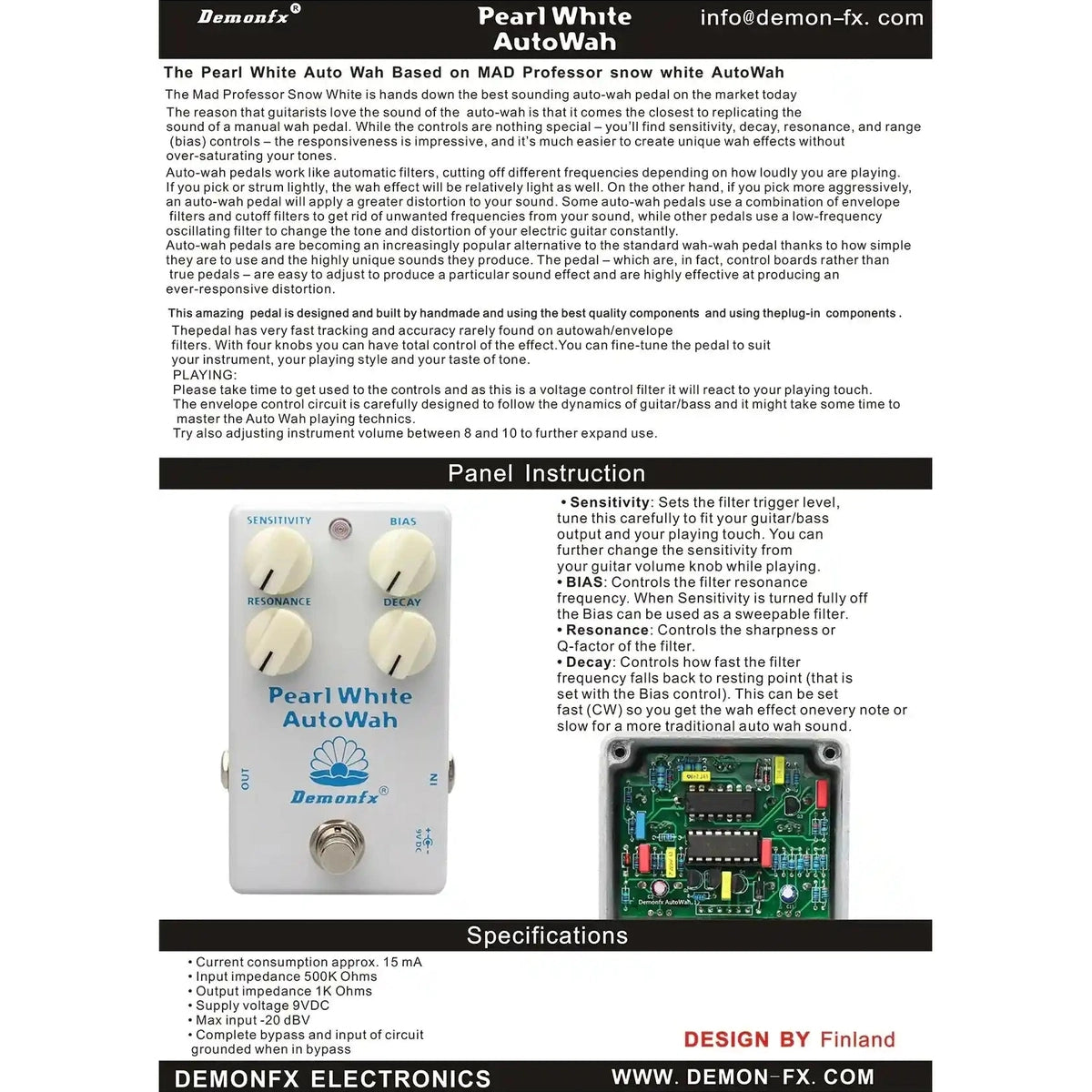 Demonfx Pearl White Auto Wah guitar effects pedal with true bypass, featuring adjustable sensitivity, resonance, and range controls. Inspired by the Mad Professor model, it supports 9V DC power and delivers classic envelope filter tones.