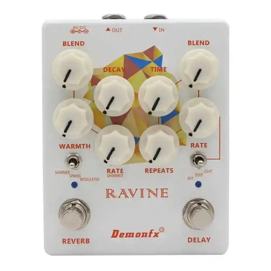 Demonfx RAVINE Reverb / Delay pedal featuring dual footswitches, blend, decay, time, warmth, rate, and repeats knobs for versatile sound effects.