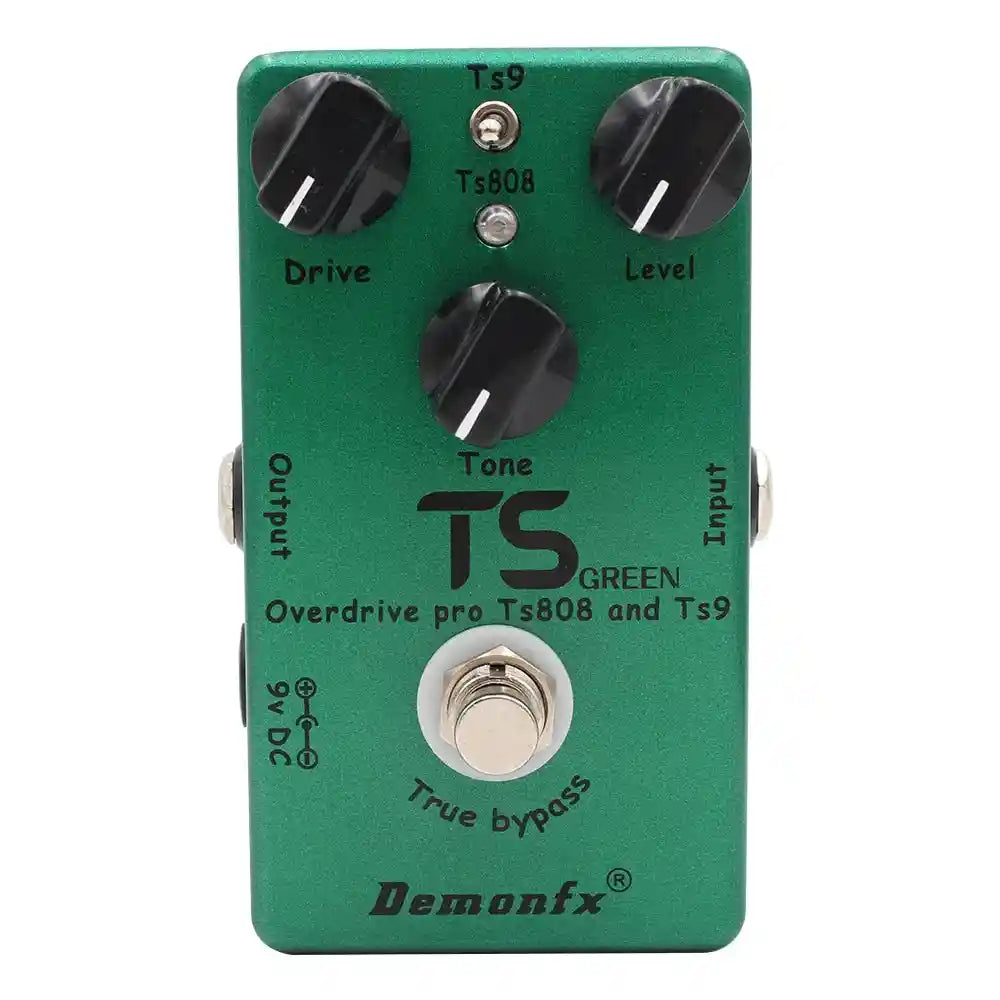 Demonfx TS GREEN dual overdrive booster pedal combining TS9 and TS808 features, with drive, tone, and level controls in a green metal casing.