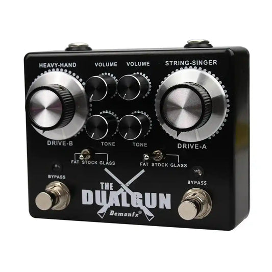 Demonfx Dual Gun guitar overdrive pedal with dual channels, heavy-hand and string-singer controls, true bypass, and tonal switches.