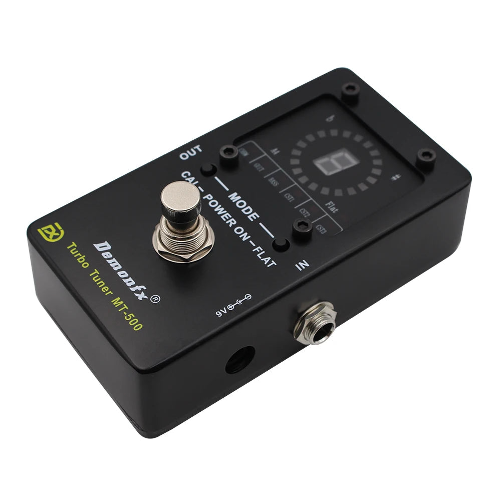 Demonfx Turbo Tuner MT-500 Strobe Tuner for all instruments with LED display and footswitch, ideal for precise guitar tuning on pedalboards.