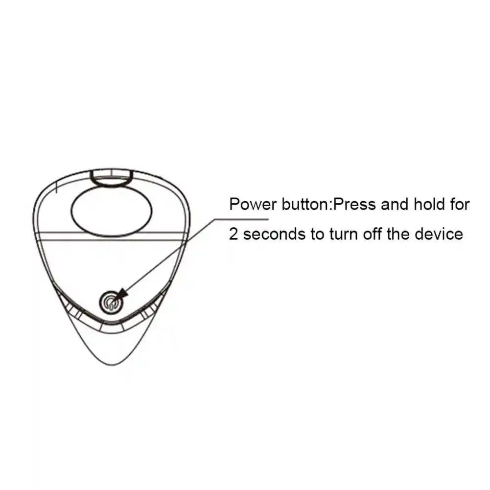 Illustration of a guitar pick with built-in tuner featuring a labeled power button and instructions to press and hold for 2 seconds to turn off the device.
