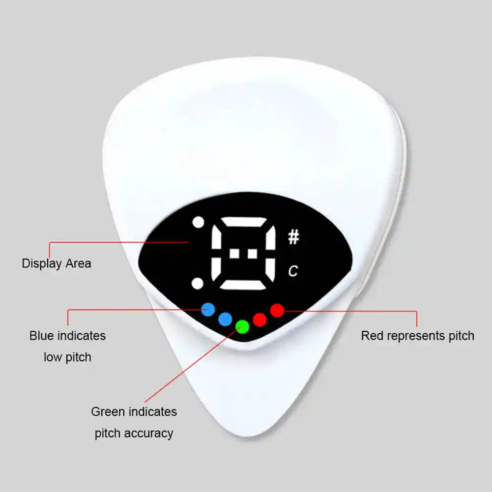 White guitar pick with built-in tuner featuring a digital display for real-time pitch monitoring. Color-coded indicators show pitch accuracy for seamless tuning.