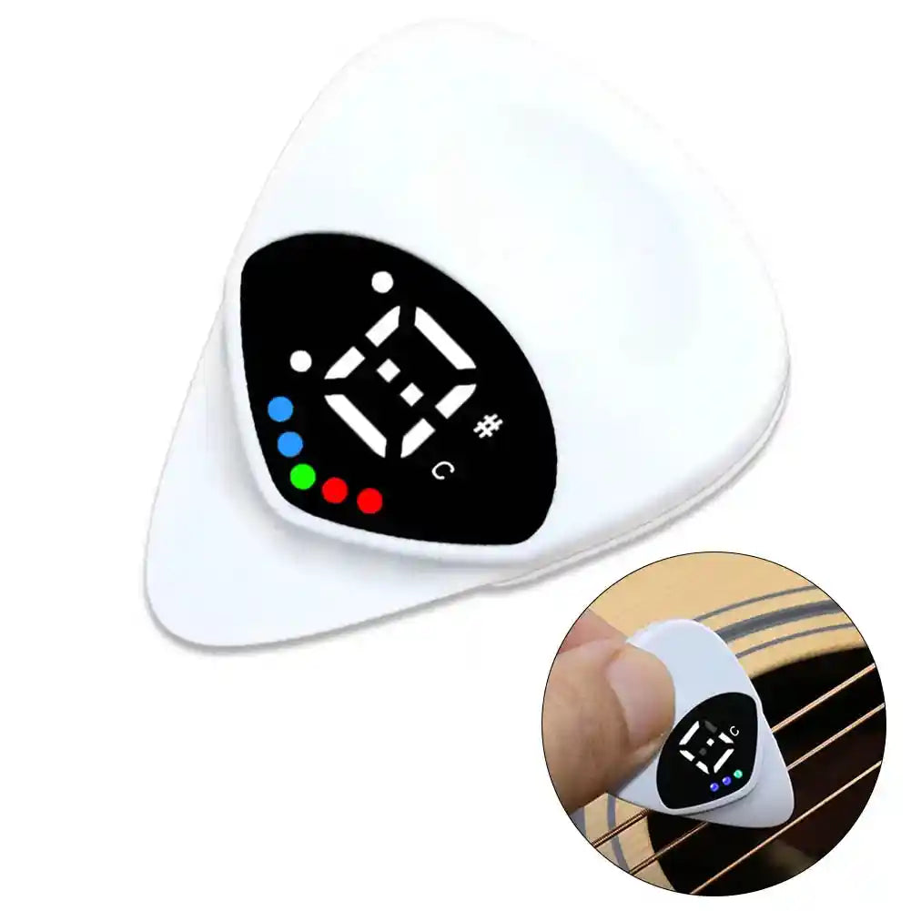 White guitar pick with built-in tuner featuring a digital display and color-coded indicators for real-time pitch monitoring. Ideal for acoustic and electric guitar players.