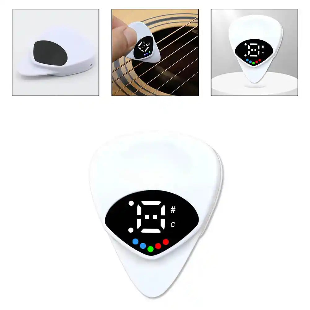 Guitar pick with built-in tuner featuring a digital display and color-coded indicators for real-time pitch monitoring. Ideal for acoustic and electric guitar players.