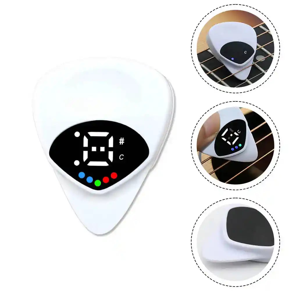 White guitar pick with built-in tuner featuring a digital display for real-time pitch monitoring, shown in various angles and on guitar strings.
