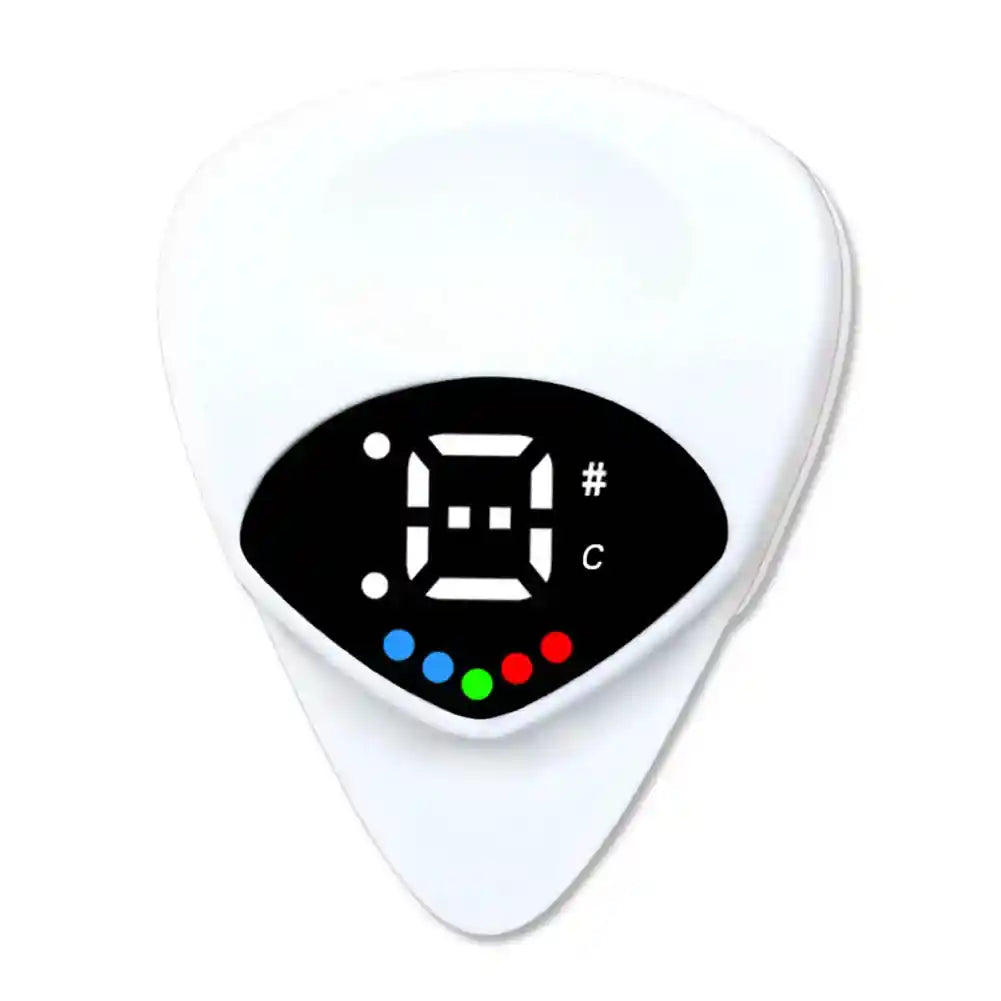 White guitar pick with built-in tuner featuring a digital display and color-coded indicators for real-time pitch monitoring. Ideal for acoustic and electric instrument players.