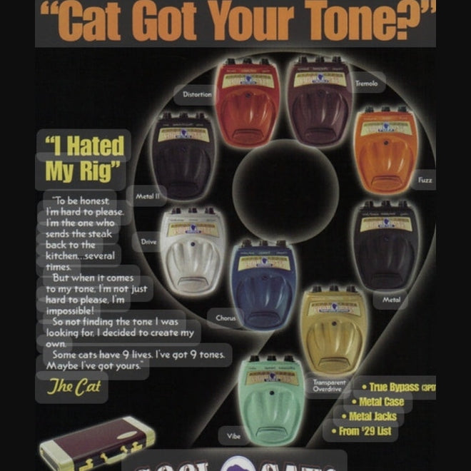Vintage Danelectro Cool Cat guitar effects pedals advertisement featuring various models like distortion, tremolo, fuzz, and transparent overdrive. The ad highlights true bypass, metal casing, and a '29 list price.