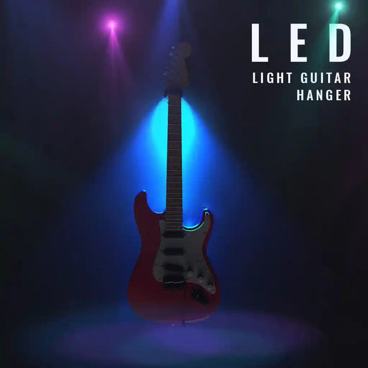 LED Guitar Holder Wall Mount with vibrant ambient lighting showcasing a red electric guitar. Perfect for acoustic, bass, and string instruments.