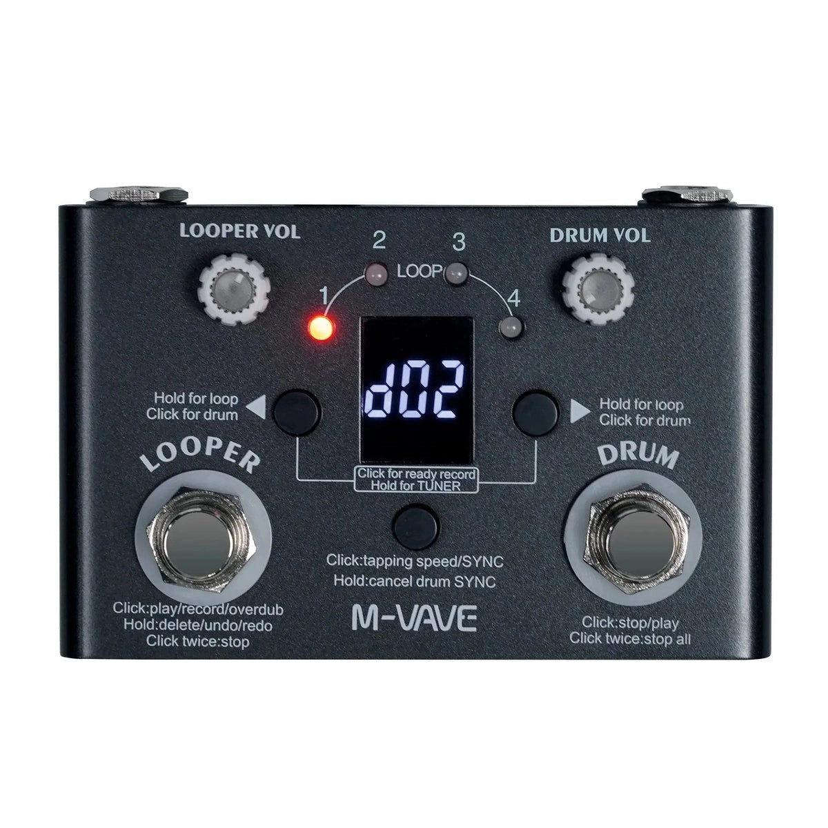 M-VAVE LOST TEMPO V2 multi-effect guitar pedal featuring a looper, drum machine, and precision tuner. Includes 30 drum patterns and 11-minute loop recording.