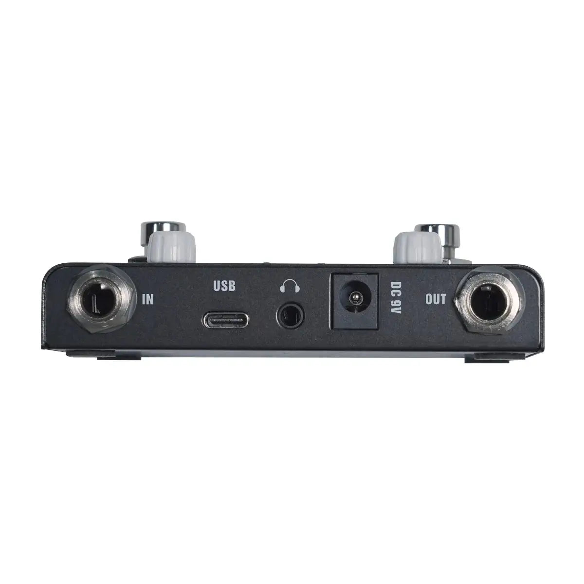 Rear view of the M-VAVE LOST TEMPO V2 multi-effect guitar pedal, showcasing input/output jacks, USB-C port, headphone jack, and DC power input.