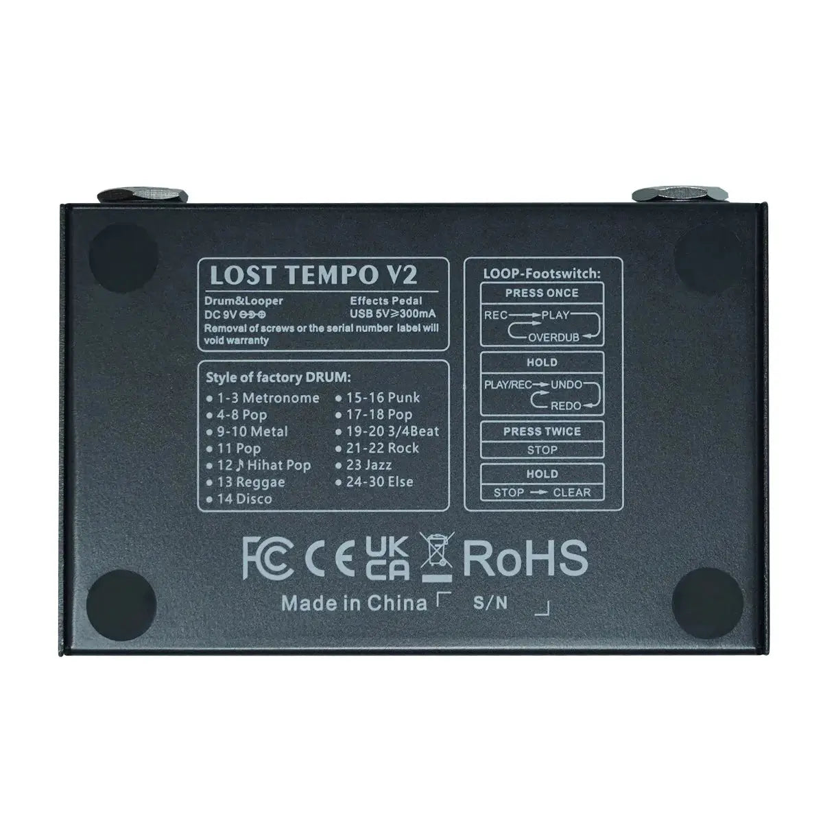 Bottom view of the M-VAVE LOST TEMPO V2 multi-effect guitar pedal, showcasing drum styles, loop footswitch functions, and certification labels.