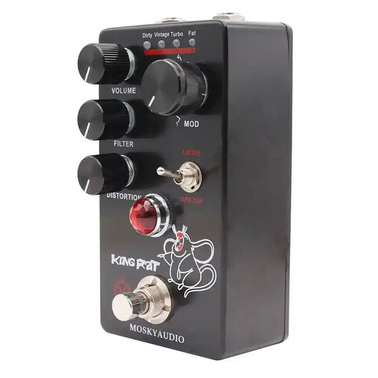 MOSKY KING RAT fuzz distortion pedal in black with volume, filter, and distortion controls. Features multiple modes and a compact design.