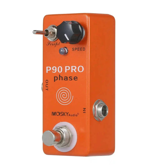 MOSKYaudio P90 PRO PHASE Phaser pedal in orange with a compact design, featuring a Script switch, speed knob, and true bypass functionality.