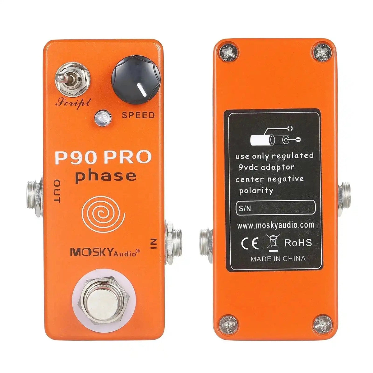 MOSKYaudio P90 PRO PHASE Phaser pedal in orange with a compact design, featuring a Script switch, speed knob, and true bypass functionality.