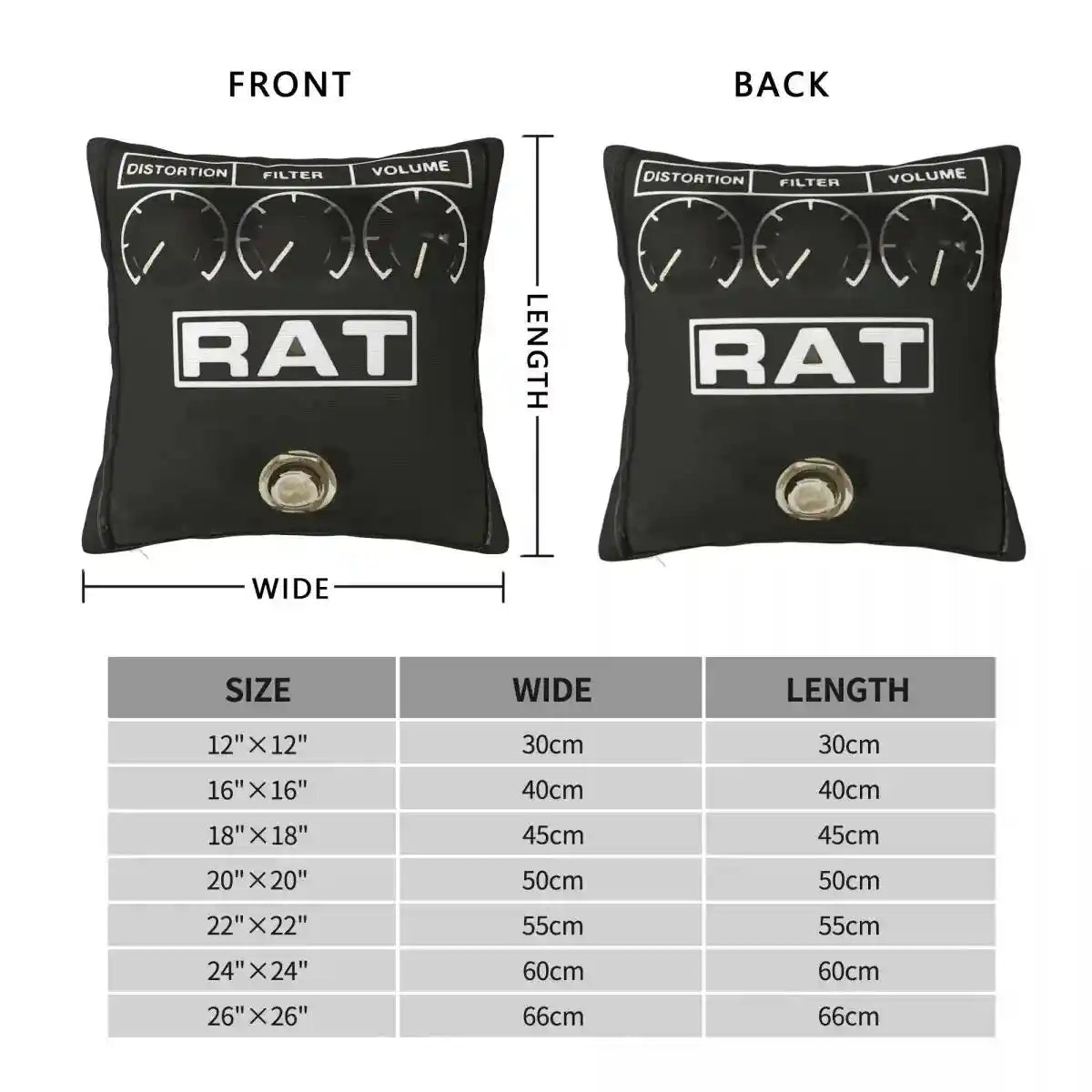 Rat Pedal Pillowcase - 18-inch square cushion cover featuring a printed Pro Co Rat distortion pedal design. Made of polyester linen velvet, perfect for music lovers' home or car decor.