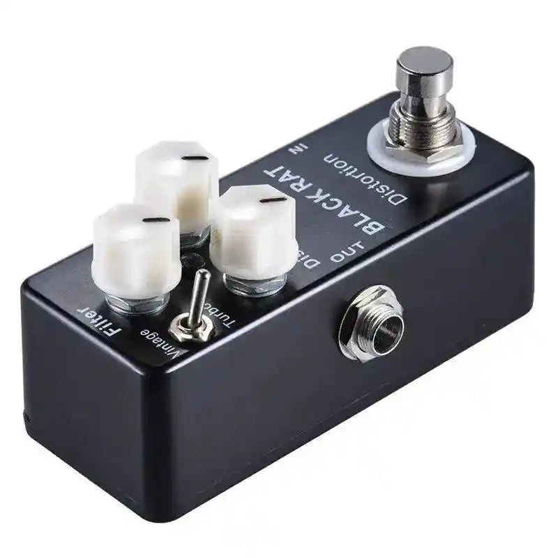 Mosky BLACK RAT distortion pedal with dual modes, compact black metal casing, and white control knobs for tuning distortion effects.