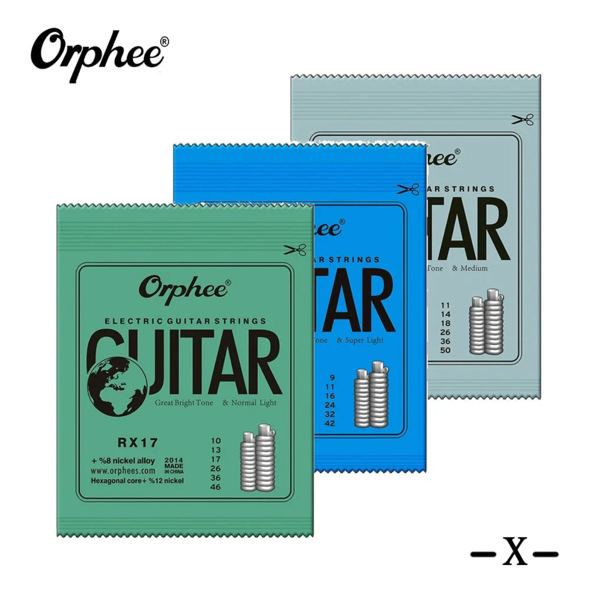 10 Set Orphee Electric Guitar Strings RX Series in assorted colors with hexagonal carbon steel core for professional and beginner practice use.