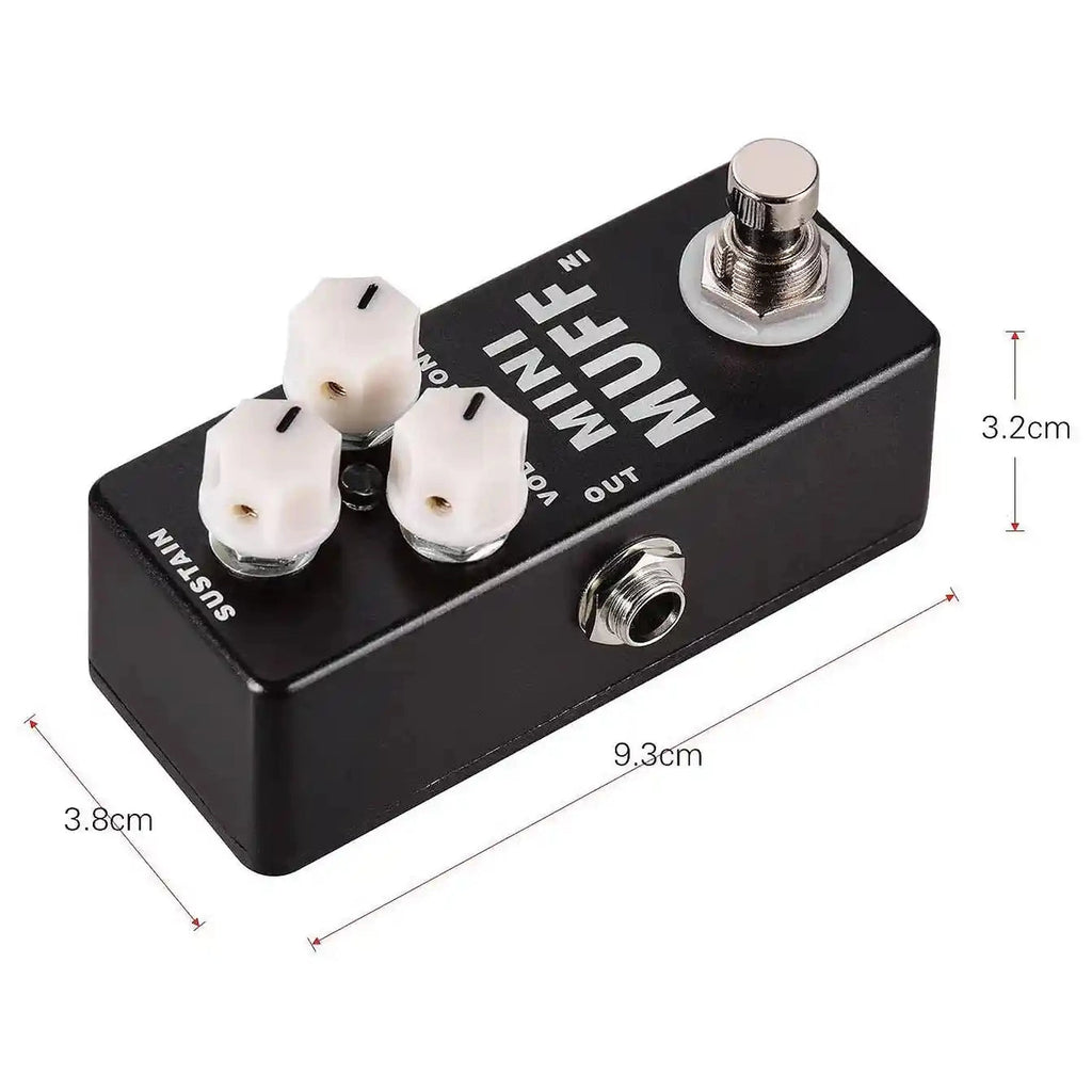 MOSKY Mini Muff fuzz guitar effects pedal with compact black design, three white control knobs, and footswitch. Ideal for adding distortion and fuzz.