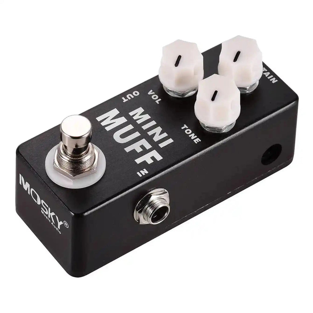MOSKY Mini Muff fuzz guitar pedal with black casing and white knobs. Perfect for adding classic fuzz and distortion effects to your music setup.