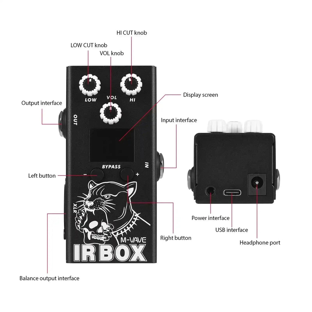 M-VAVE IR Box guitar pedal with labeled controls, including volume, low and high cut knobs, input and output interfaces, and display screen.
