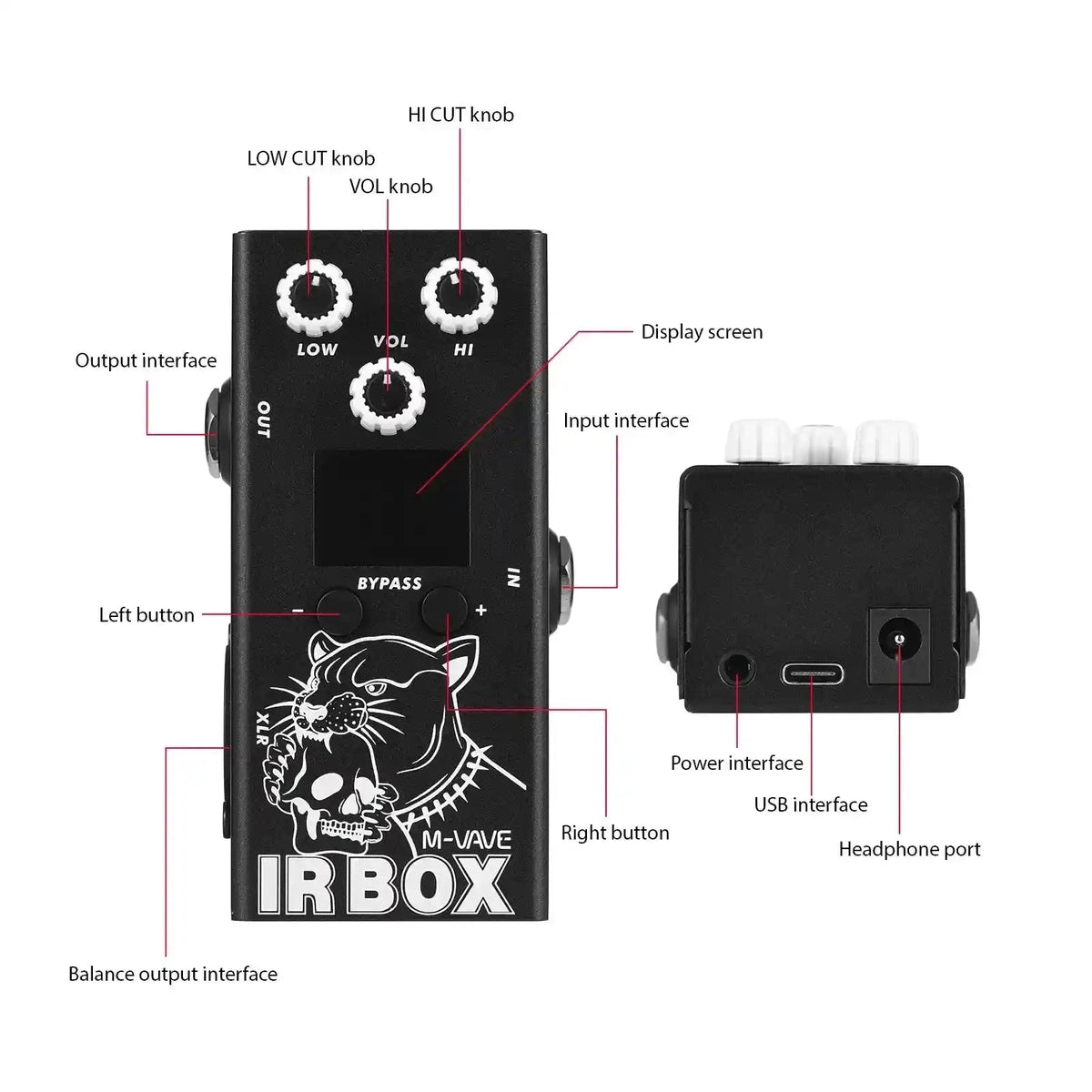 M-VAVE IR Box guitar pedal with labeled controls, including volume, low and high cut knobs, input and output interfaces, and display screen.