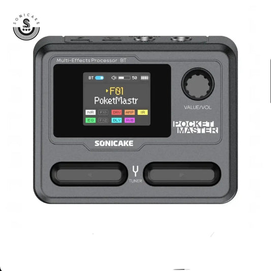 SONICAKE Pocket Master compact multi-effects pedal with 1.77-inch LCD screen, over 100 effects, amp models, and Bluetooth control.