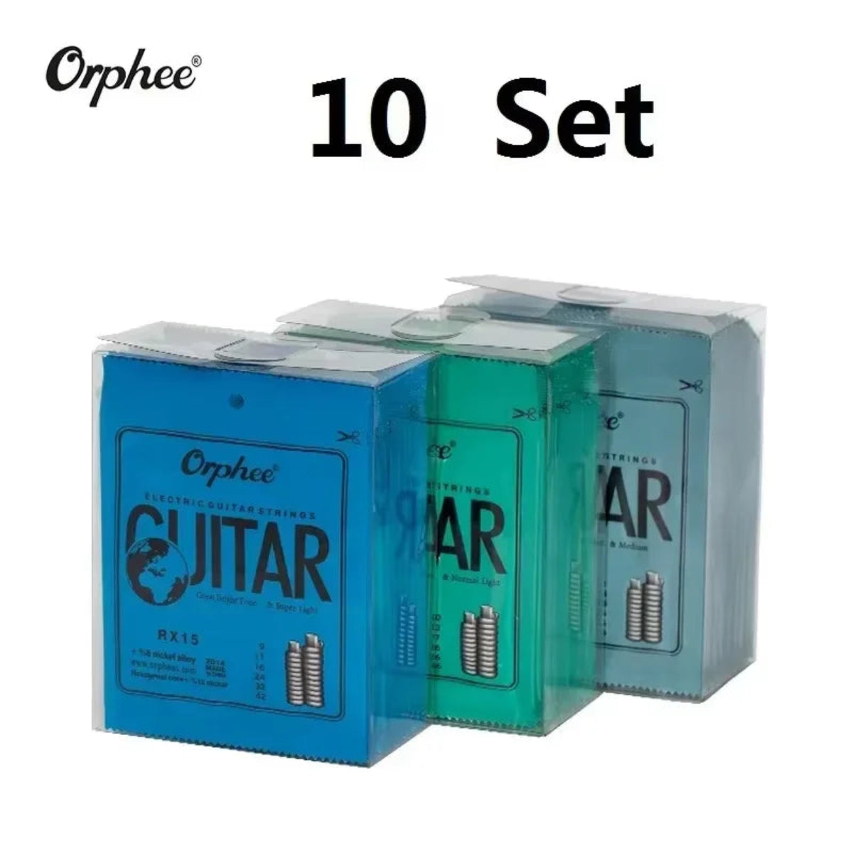 10 Set Orphee Electric Guitar Strings RX Series in assorted colors, featuring hexagonal carbon steel for professional and beginner practice use.