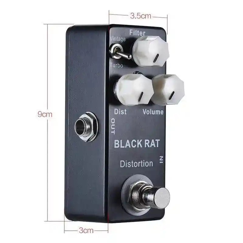 Mosky BLACK RAT distortion pedal featuring dual modes, compact design, and adjustable filter, distortion, and volume knobs for versatile guitar tones.