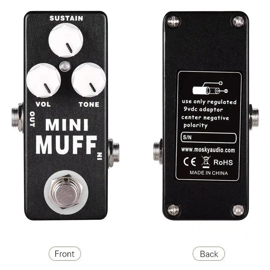 MOSKY Mini Muff fuzz guitar pedal with volume, tone, and sustain controls. Compact design for adding classic fuzz distortion to your sound.