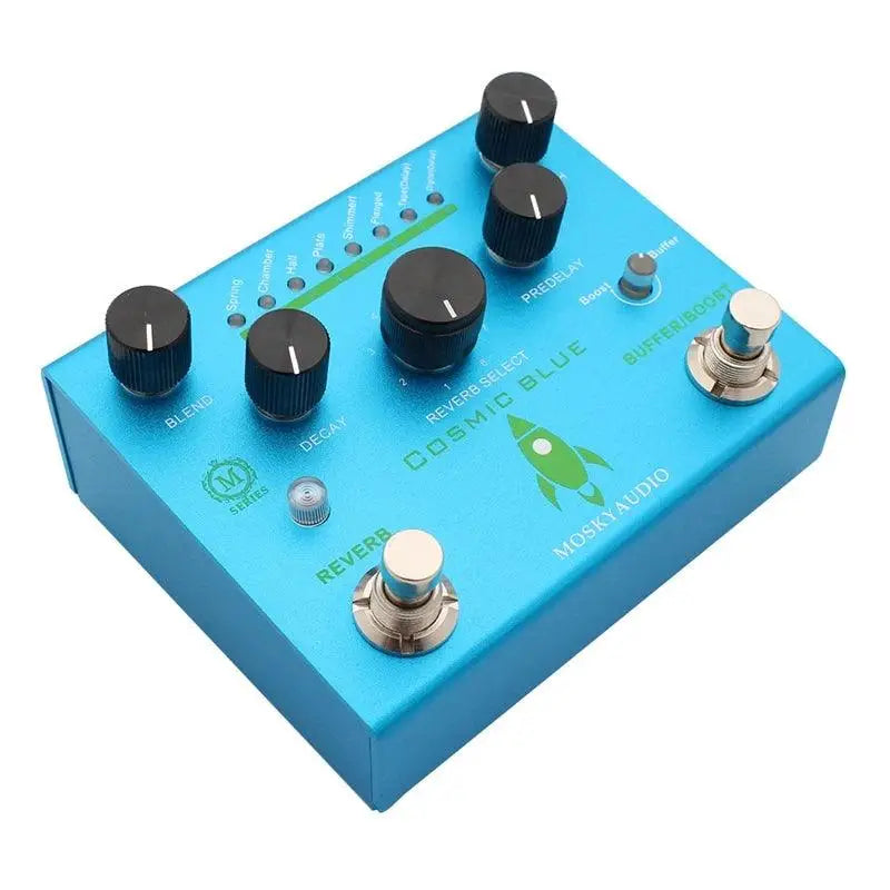 MOSKY Cosmic Blue Reverb Pedal with 8 reverb modes, featuring blend, decay, and pre-delay controls. Ideal for creating lush, atmospheric tones.