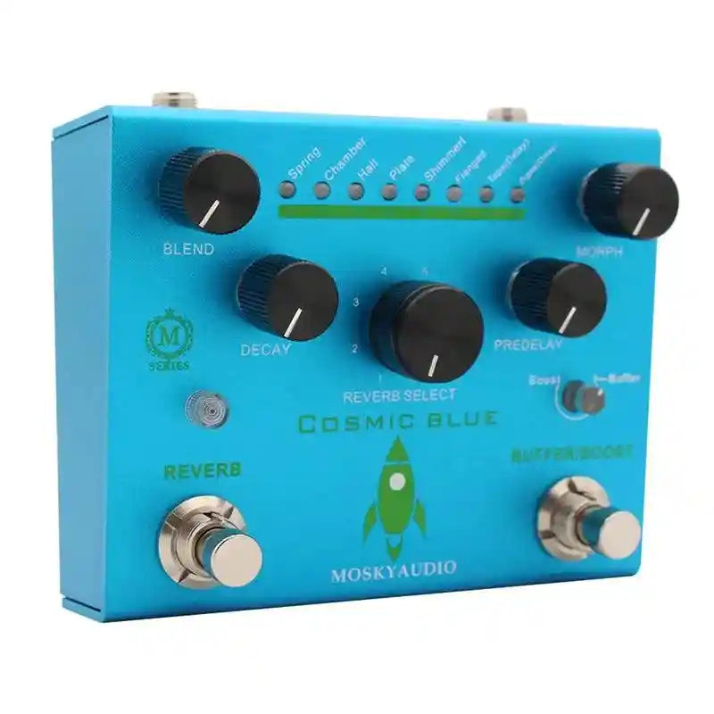 MOSKY Cosmic Blue Reverb Pedal with 8 reverb modes, featuring blend, decay, and pre-delay controls. Ideal for creating lush, atmospheric tones.